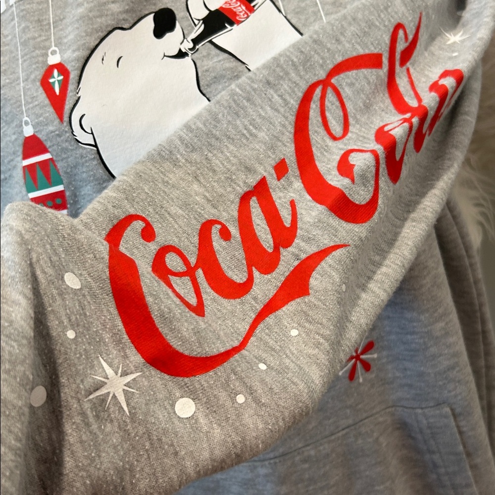VTG Coca-Cola Sweatshirt Polar Bear Hoodie Mens Gray Christmas Happy Holidays - Picture 6 of 12